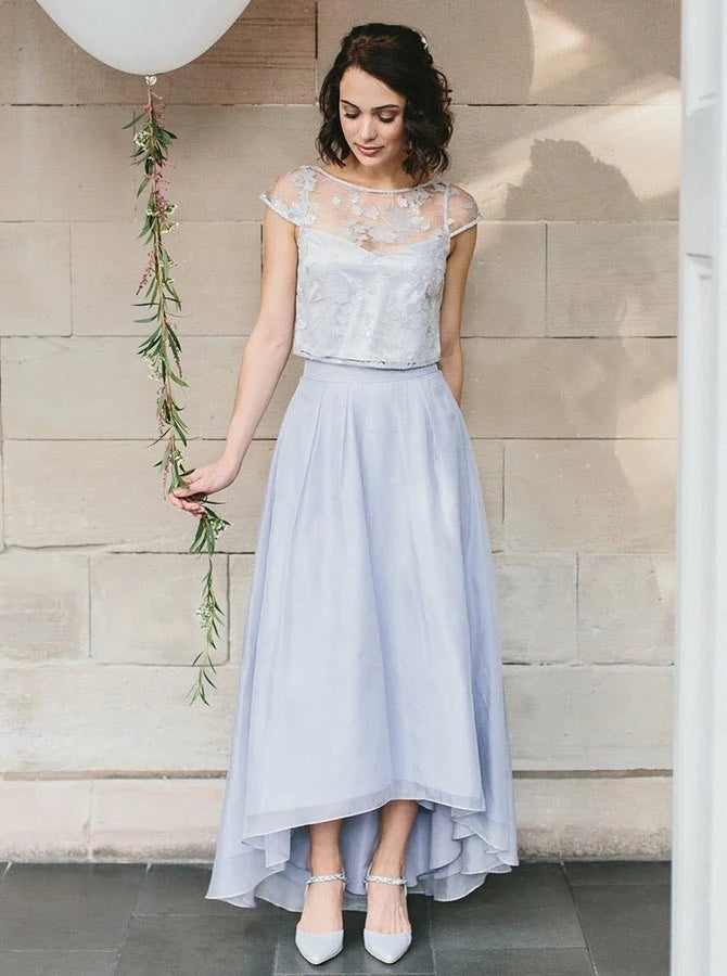 Two Piece Round Neck Light Blue Chiffon Bridesmaid Dress with Lace TANYA BRIDAL Two Piece Round Neck Light Blue Chiffon Bridesmaid Dress with Lace TANYA BRIDAL