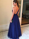 One Shoulder A Line Blue Tulle Formal Prom Dresses Floor Length
