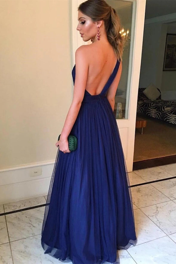 One Shoulder A Line Blue Tulle Formal Prom Dresses Floor Length