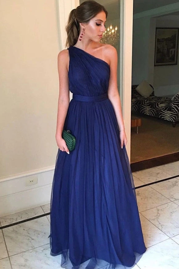 One Shoulder A Line Blue Tulle Formal Prom Dresses Floor Length