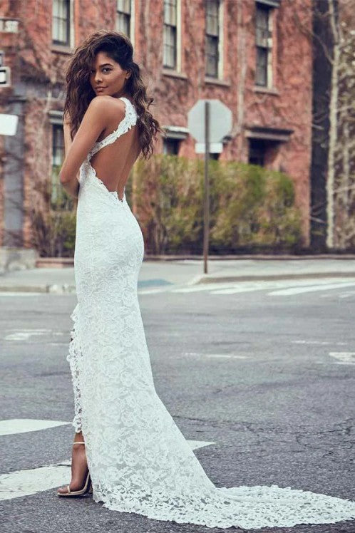 Sheath Long Lace Wedding Dress Open Back Summer Bride Gown