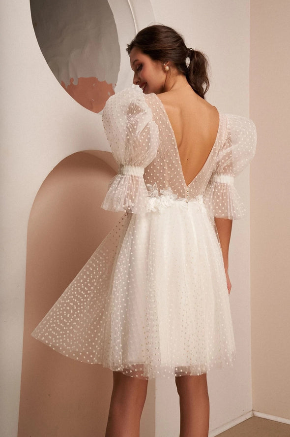 Dot Tulle Mini Short Wedding Dresses Puff Sleeve DW638