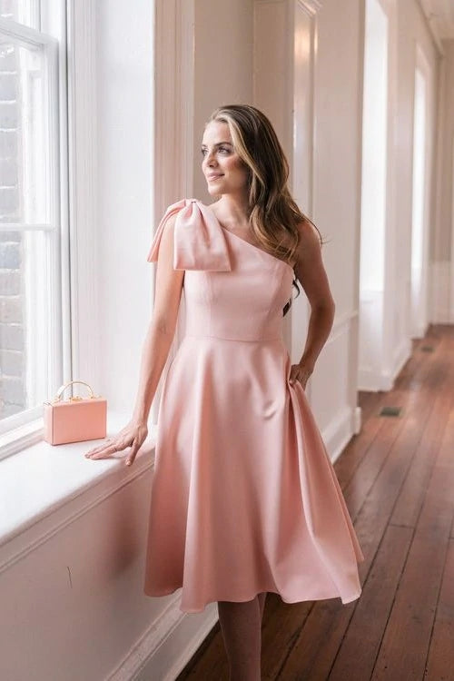 One Shoulder A Line Short Pink Bridesmaid Dress