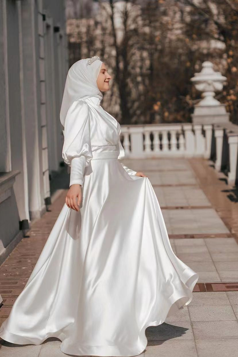 Vintage Muslim Wedding Dresses High Neck Lace applique Long Sleeve Ara –  Waislamaa