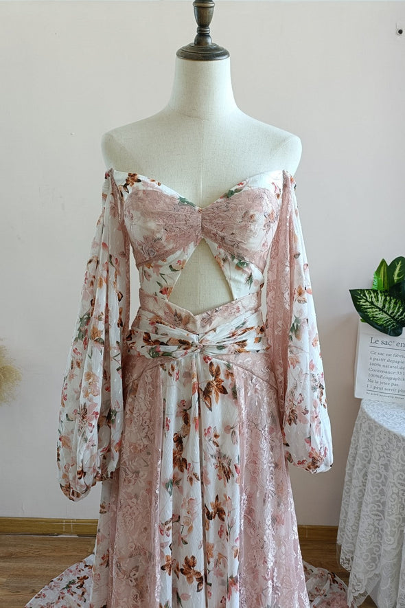 Boho Print Chiffon Beach Wedding Dress Lantern Sleeve DW521 TANYA BRIDAL Boho Print Chiffon Beach Wedding Dress Lantern Sleeve DW521 TANYA BRIDAL