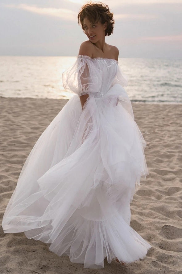 A Line Tulle High Low Beach Wedding Dress With Detachable Sleeves