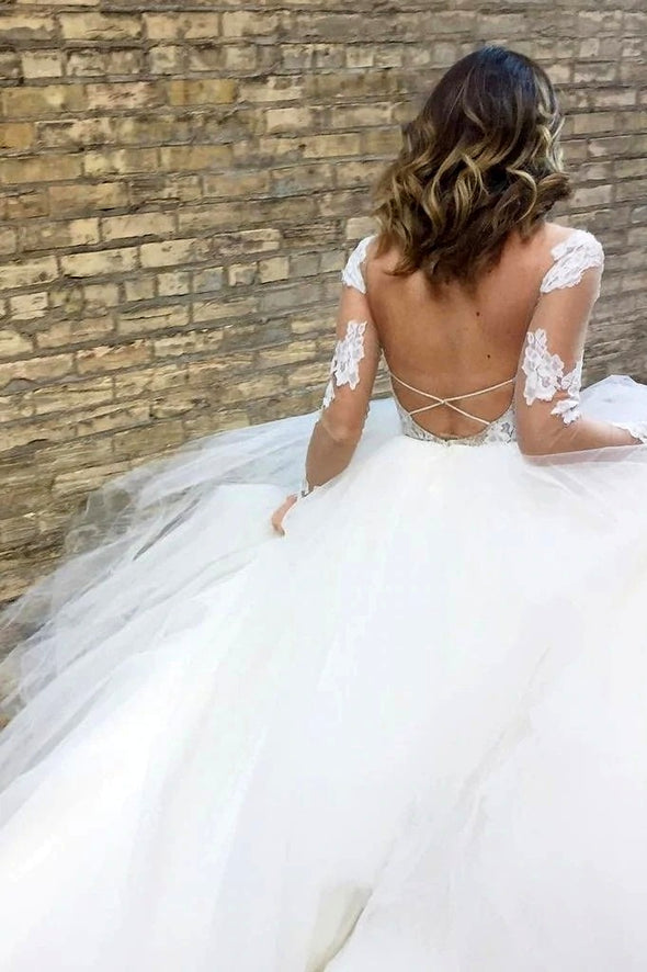 A Line Illusion Neck Lace Appliques Backless Wedding Bridal Gown