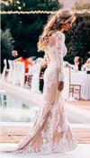 Long Sleeves Sheath Ivory Lace Champagne Lining Wedding Dress
