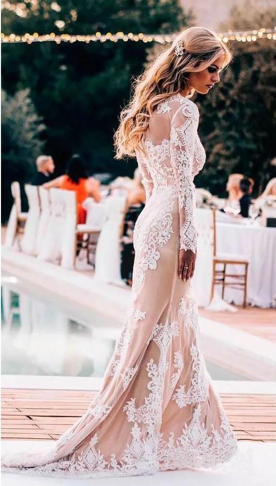 Long Sleeves Sheath Ivory Lace Champagne Lining Wedding Dress Long Sleeves Sheath Ivory Lace Champagne Lining Wedding Dress
