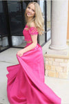 Two Pieces Fuchsia Long Prom Dresses With Lace Appliques