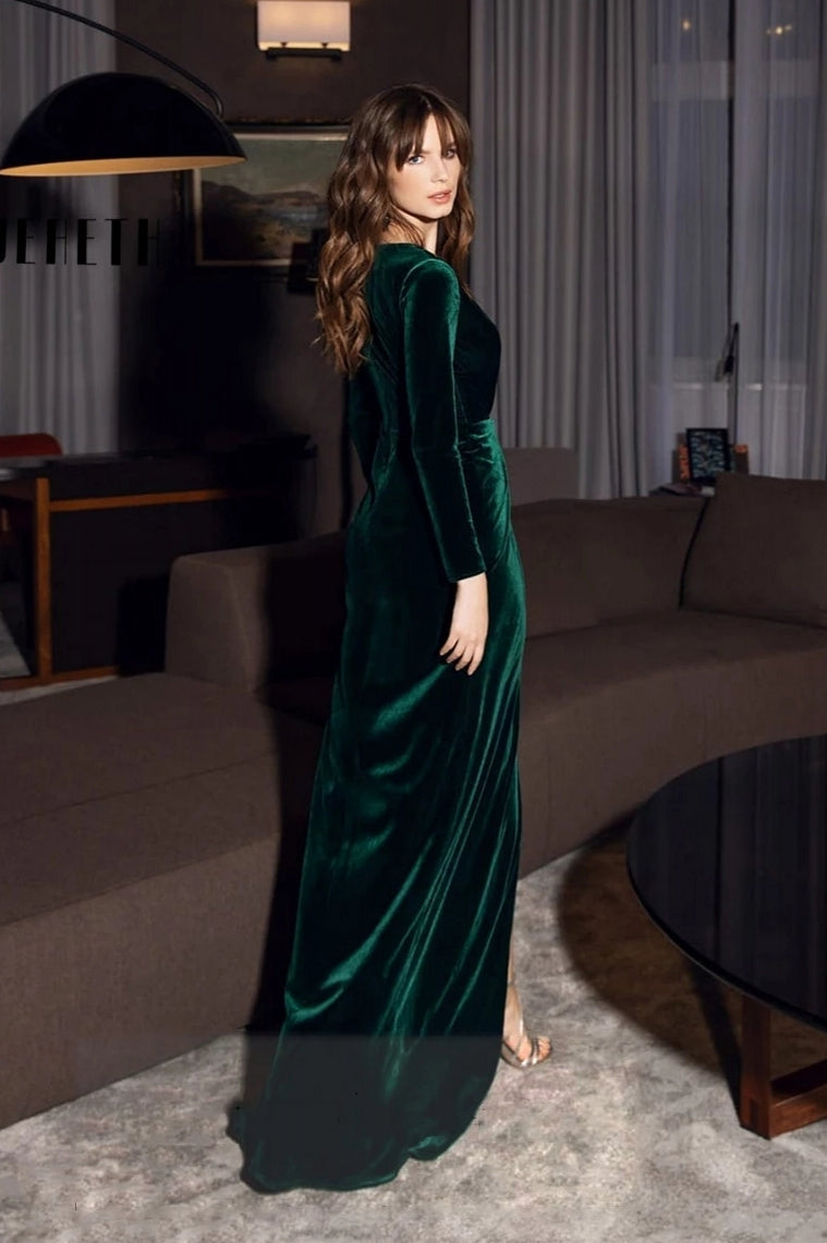 Peacock Green A Line Velvet Evening Dress V Neck Long Sleeves Peacock Green A Line Velvet Evening Dress V Neck Long Sleeves