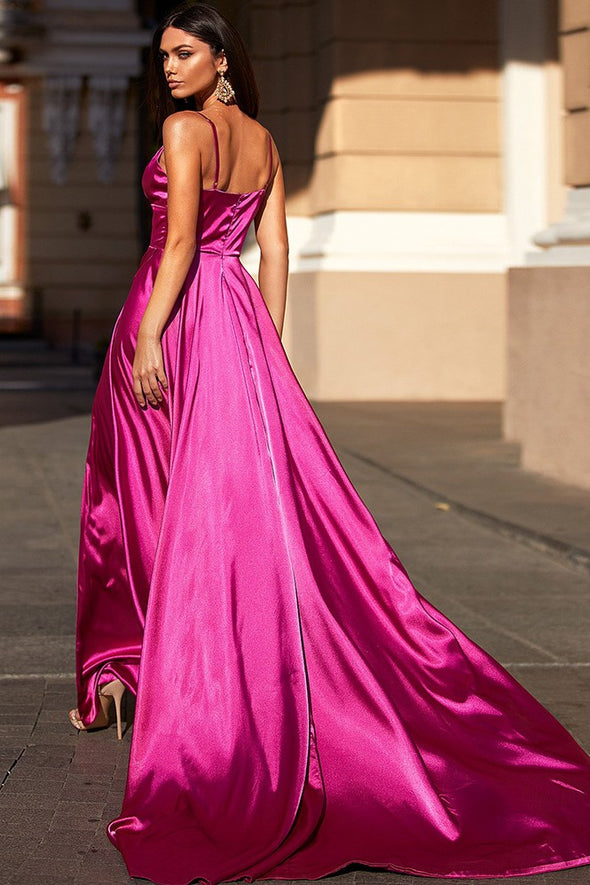Hot Pink V Neck Sexy High Split Prom Dress Evening Gown