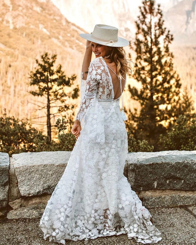 Long Flare Sleeve Lace Wedding Dresses Noivas chic DW569