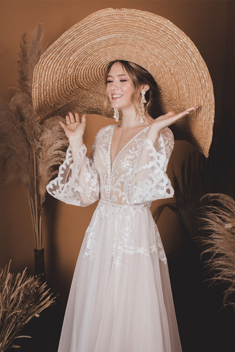 Two Pieces Lace Top Flare Sleeves Open Back Wedding Dress – TANYA BRIDAL Two Pieces Lace Top Flare Sleeves Open Back Wedding Dress – TANYA BRIDAL