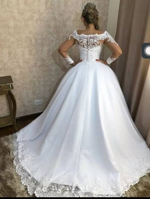 Off the Shoulder Long Sleeve Ball Gown Lace Wedding Dresses