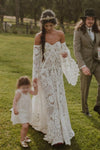 Deep Nude Lining Wedding Dresses With Detachable Flare Long Sleeves