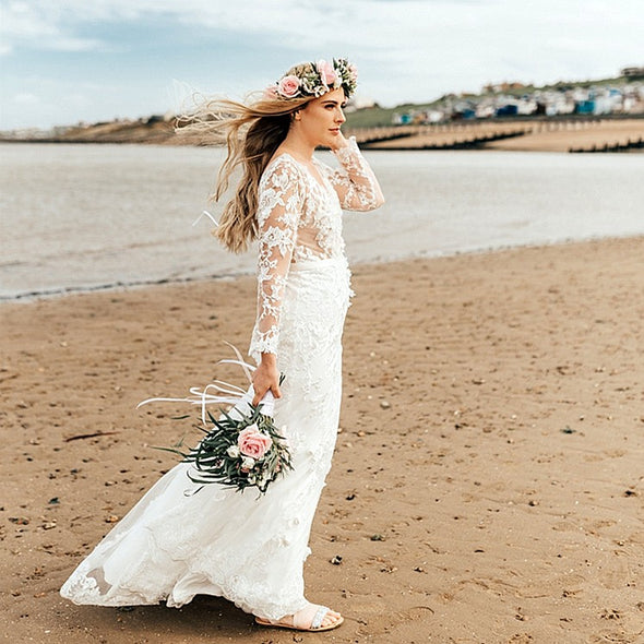 Bohemian Long Sleeves V Back Mermaid Lace Wedding Dresses TANYA BRIDAL Bohemian Long Sleeves V Back Mermaid Lace Wedding Dresses TANYA BRIDAL