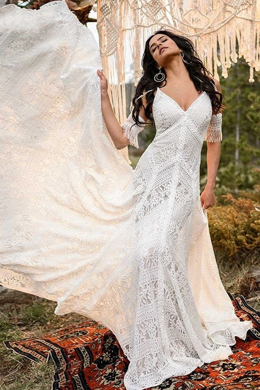 vintage inspired lace wedding dress Vintage Inspired Mermaid Lace V-neck Long Sleeve Wedding Dress with Long Sleeves
