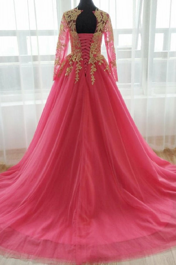 Hot Pink Long Muslim Wedding Dress With Gold Sequins Applique