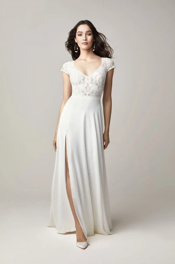 Cap Sleeve V-Neck A Line Wedding Dresses Lace Top  ZW788
