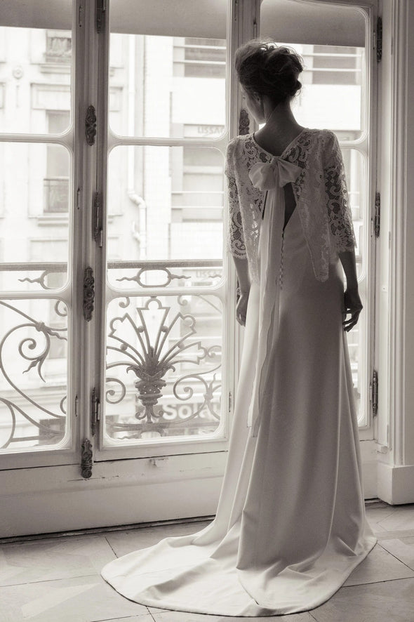 Short Sleeve Soft Satin Wedding Dresses With Lace Jacket Robe de Soriee Chic ZW807