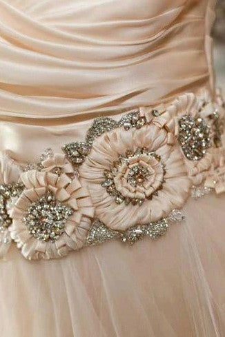 Pearl Pink A Line Tulle Wedding Dress With 3D Flowers Waist