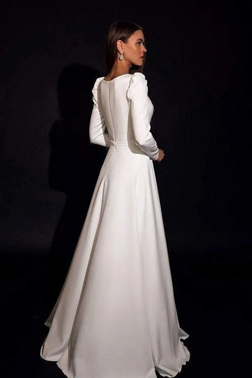 square neckline long sleeve wedding dress Square Neckline Long Sleeve Wedding Dress Fitted Mermaid Wedding Dress Minimalist Fit Flare Wedding Dress Simple Crepe Wedding Dress ELLA