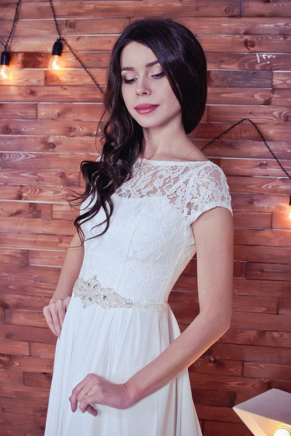 Bohemian A Line Short Sleeves Lace Chiffon Wedding Dress