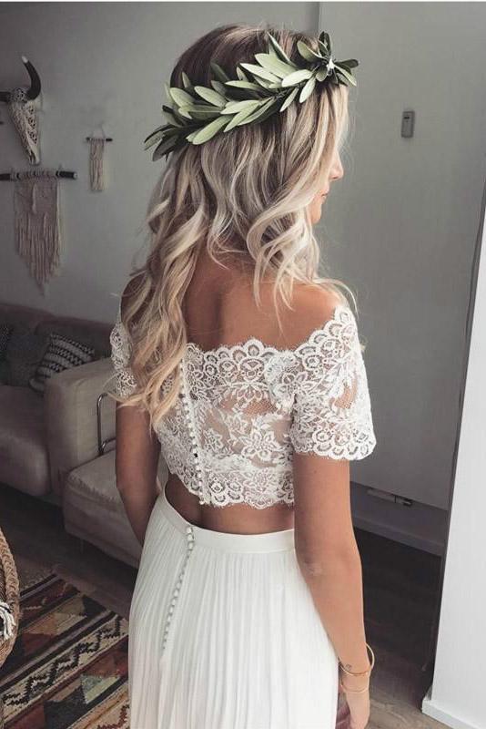 Two Pieces Lace Chiffon Off The Shoulder Bohemian Wedding Gown