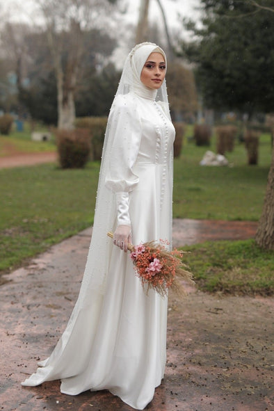 Silk Satin A Line Simple Muslim Wedding Dress