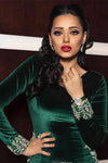 Green Velvet Evening Formal Dresses Lace Beaded V-neck Long Sleeve