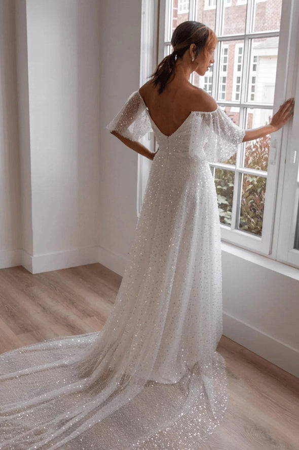 Fully Embellished Wedding Dresses Tiny Pearls Swag Sleeves ZW930