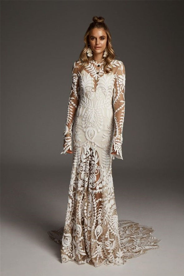 Lace Wedding Dress Long Sleeves Mermaid Split Inside Bridal Gown SPF068
