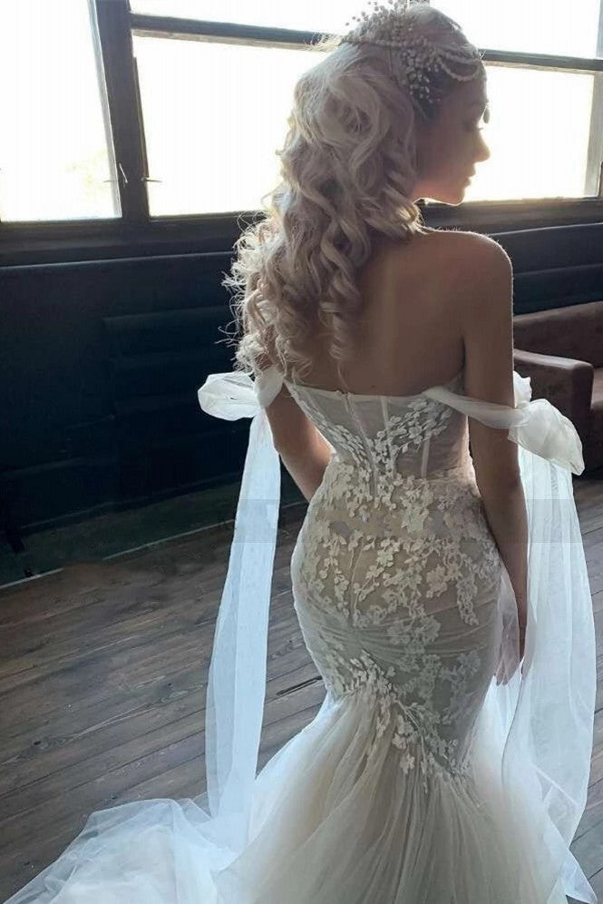 Sexy Mermaid Wedding Dresses Champagne LIning Lace off Shoulder Sexy Mermaid Wedding Dresses Champagne LIning Lace off Shoulder