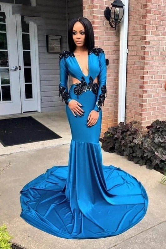African Blue Prom Dresses Long Mermaid Sexy Plunging V Neck W062 – TANYA BRIDAL African Blue Prom Dresses Long Mermaid Sexy Plunging V Neck W062 – TANYA BRIDAL