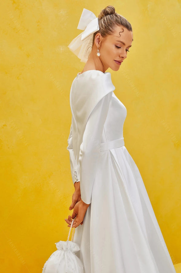 Simple Satin Long Sleeve Wedding Dresses Muslim Bridal Gowns ZW932
