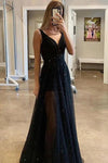 A Line V Neck Sparkly Sequins Black Long Evening Dresses