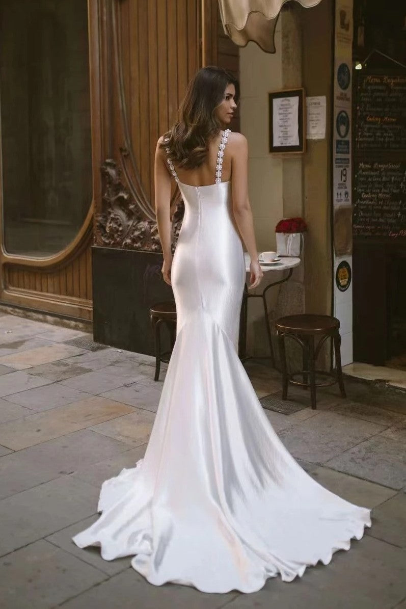 Silk Satin Mermaid Wedding Dresses With Pearls Lines Chic ZW893 – TANYA BRIDAL Silk Satin Mermaid Wedding Dresses With Pearls Lines Chic ZW893 – TANYA BRIDAL