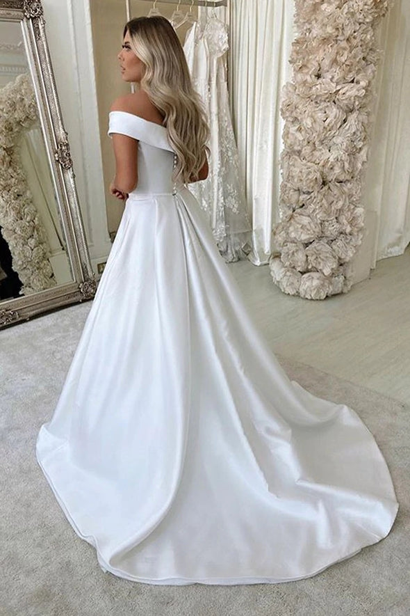 V Neck Off The Shoulder A Line Satin Simple Wedding Dress