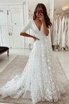 A Line V Neck Floral Lace Half Sleeves Sexy Split Wedding Dress