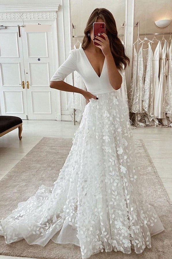 A Line V Neck Floral Lace Half Sleeves Sexy Split Wedding Dress TANYA BRIDAL A Line V Neck Floral Lace Half Sleeves Sexy Split Wedding Dress TANYA BRIDAL