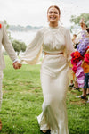 Two Pieces Long Sleeves High Neck Silk Satin Mermaid Wedding Bride Dress
