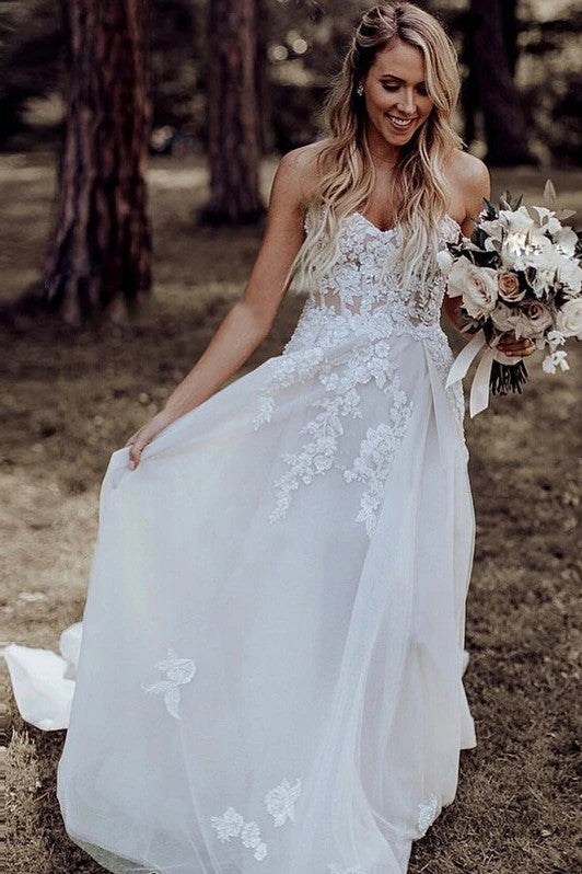 V Neck Lace Chic A Line Wedding Dresses Modest Bride Gown