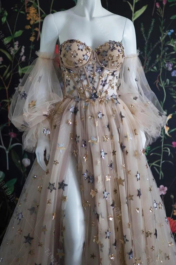 Charming Star Champagne Bohemian Lantern Sleeve Wedding Dress DW590