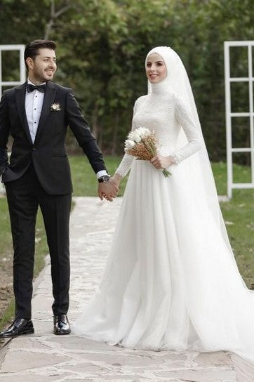 Lace Beads Long Sleeves Tulle Muslim Wedding Gown Islamic Bride - Lace Beads Long Sleeves Tulle Muslim Wedding Gown Islamic Bride -