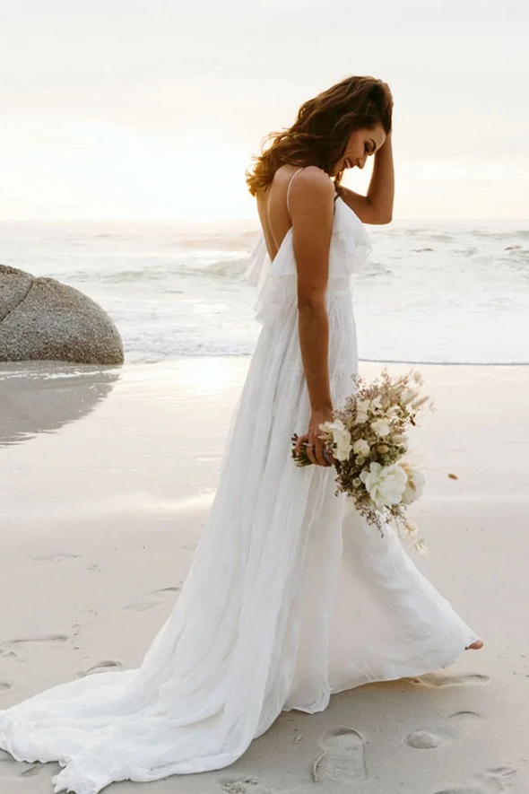 Sexy Split Beach Wedding Dresses Backless Ruffles Roamtic Bridal Gowns DW465