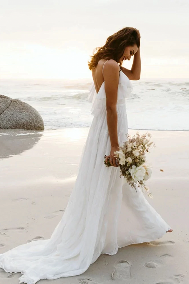Sexy Split Beach Wedding Dresses Backless Ruffles Roamtic Bridal Gowns – TANYA BRIDAL
