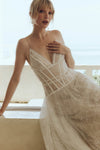 A Line Spaghetti Elegant Boho V-Neck Lace Wedding Dresses  ZW833