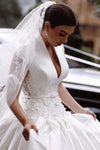 V Neck Cape Sleeves Satin Ball Gown Wedding Dress