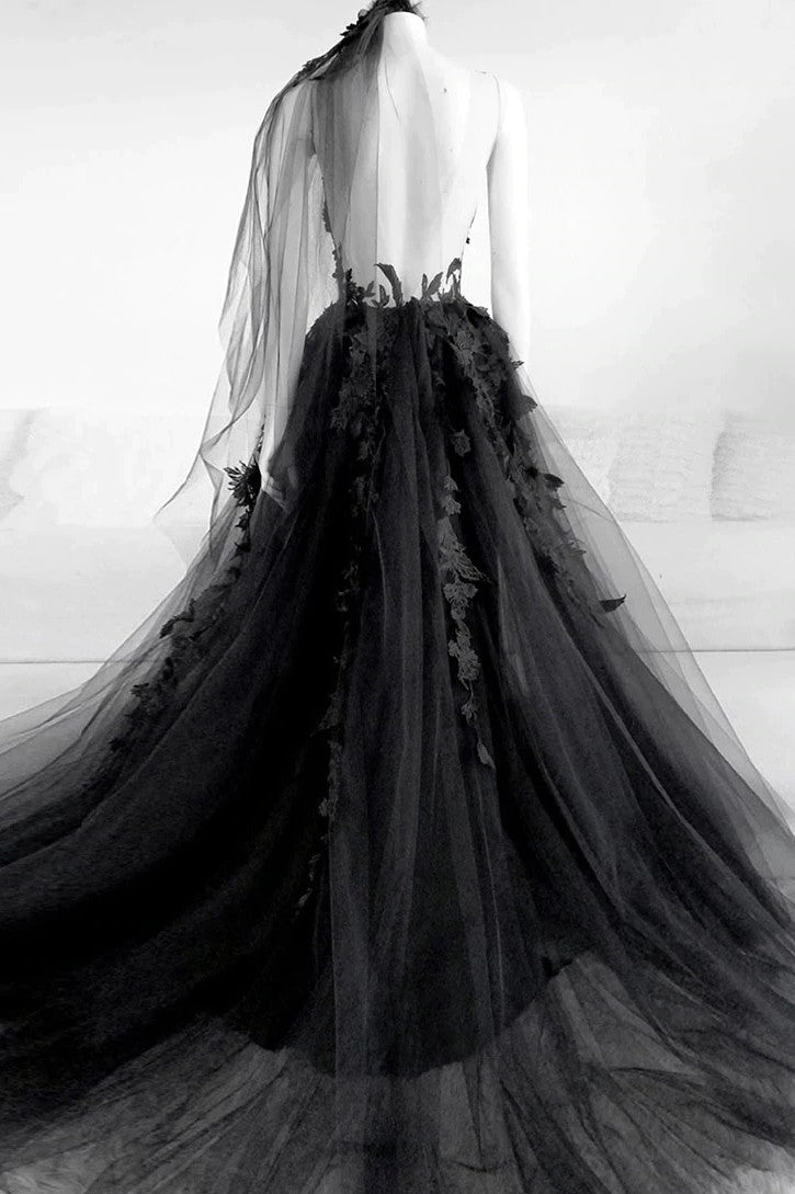 Tulle Round Black Long Prom Dresses, Appliqued Backless Evening Dress TANYA BRIDAL Tulle Round Black Long Prom Dresses, Appliqued Backless Evening Dress TANYA BRIDAL